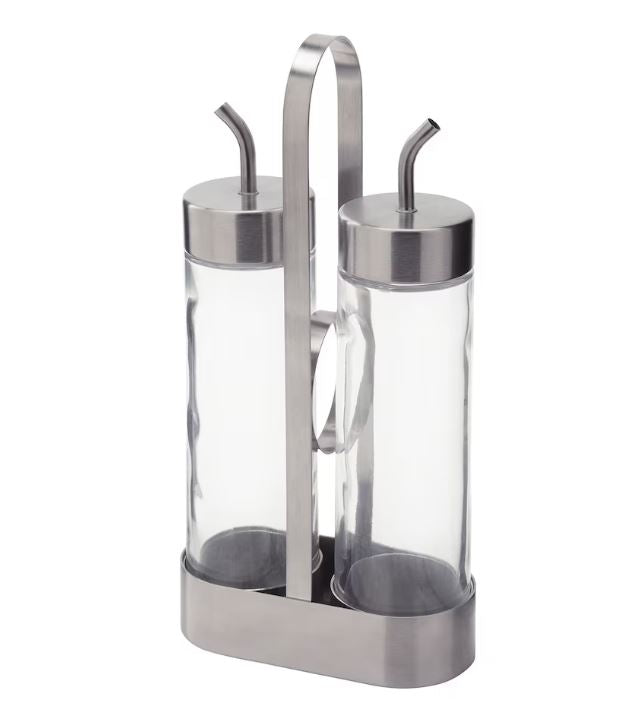 IKEA ORTFYLLD 3-piece Oil - Vinegar Set, Rack For Oil - Vinegar With Steel Base Olive Oil Dispenser Glass - Stainless Steel
