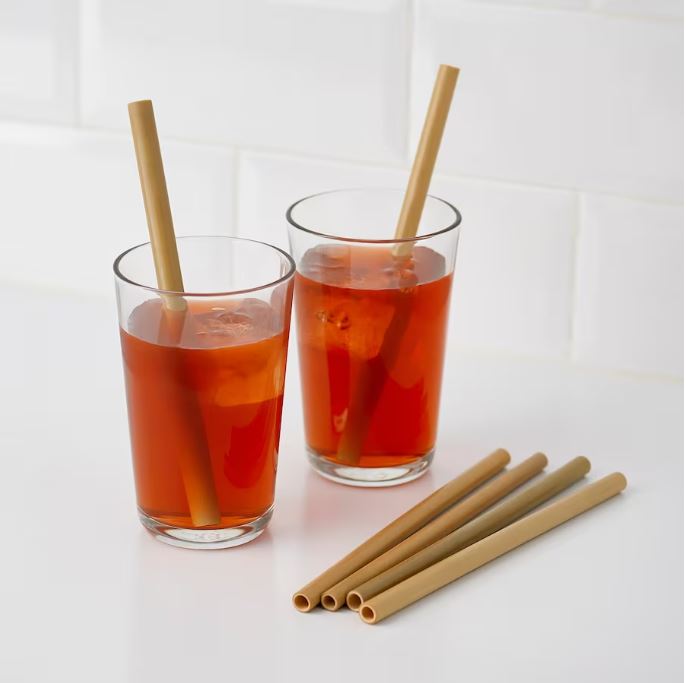 IKEA OKUVLIG Drinking Straws with Cleaning Brushes, Bamboo-Palm, Set of 14