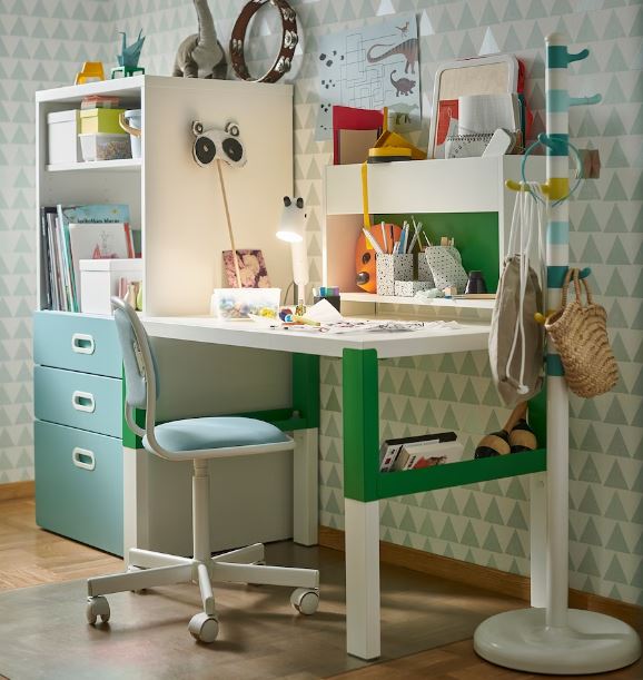 IKEA ORFJALL Children's Desk Chair, White-Vissle Blue-Green