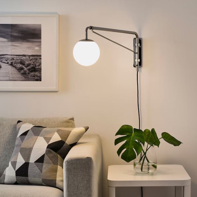 IKEA SIMRISHAMN Wall Lamp with Swing Arm Chrome-Plated-Opal White Glass