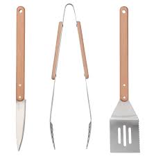 IKEA GRILLTIDER 3-piece barbecue tools set, stainless steel/beech FREE SHIPPING