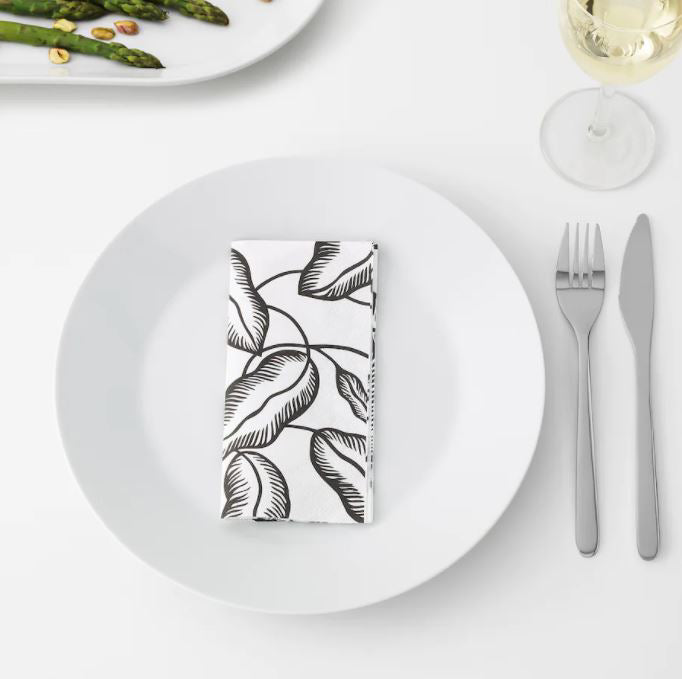 IKEA AVSIKTLIG Paper Napkin, Disposable Napkins - Dinner Napkins - Recyclable Paper Napkins for Dinner, Parties, Crafts, Daily Use White - Black Leaves 33x33 cm 30 pack