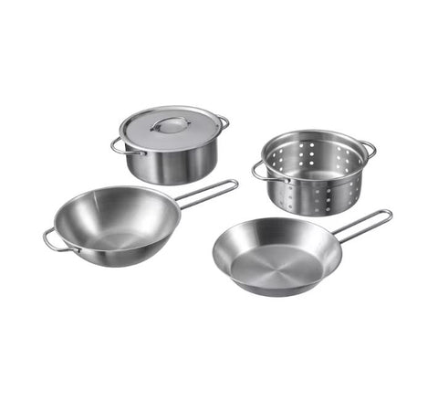 IKEA DUKTIG 5-Piece Toy Cookware Set, Kitchen Pretend Play Toys with Stainless Steel Cookware Pots and Pans For Kids, Girls, Boys, Toddlers Stainless Steel Colour