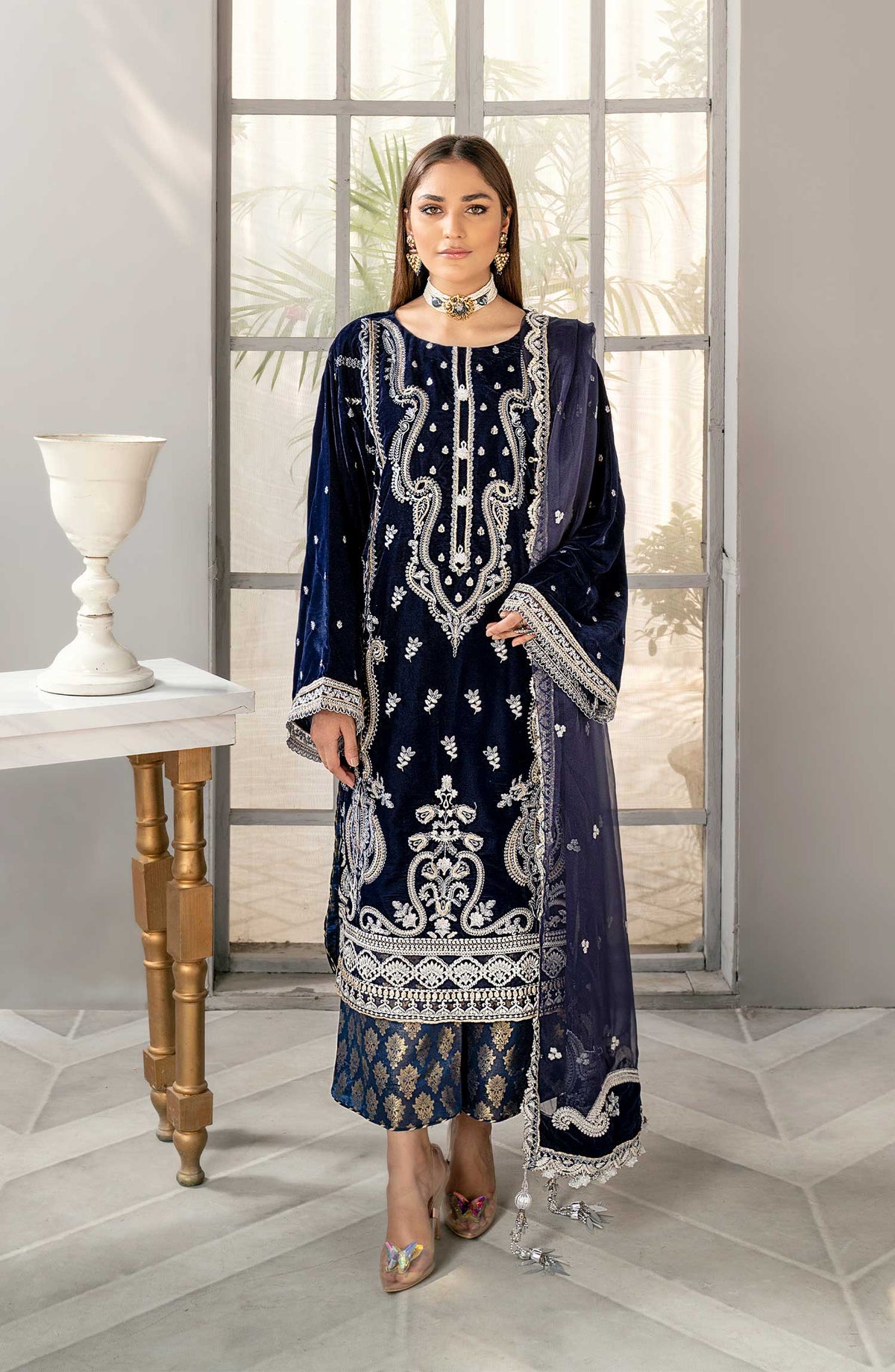 Makhmal Festive Collection Unstitched Velvet 3Pc Suit - TANZANITE